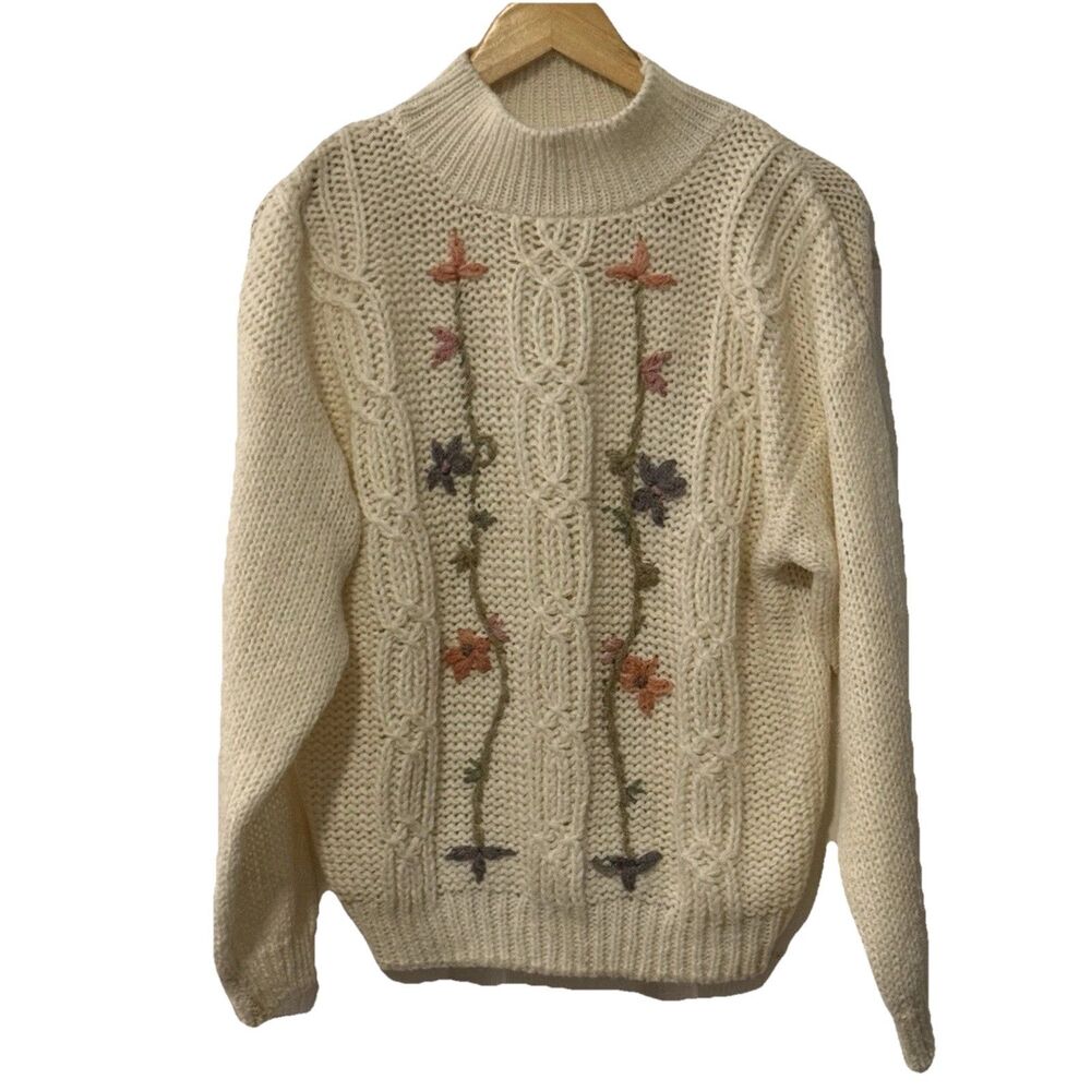 Vintage 80s Currants Hand Loomed Floral Cable Knit Sweater L Made in Korea